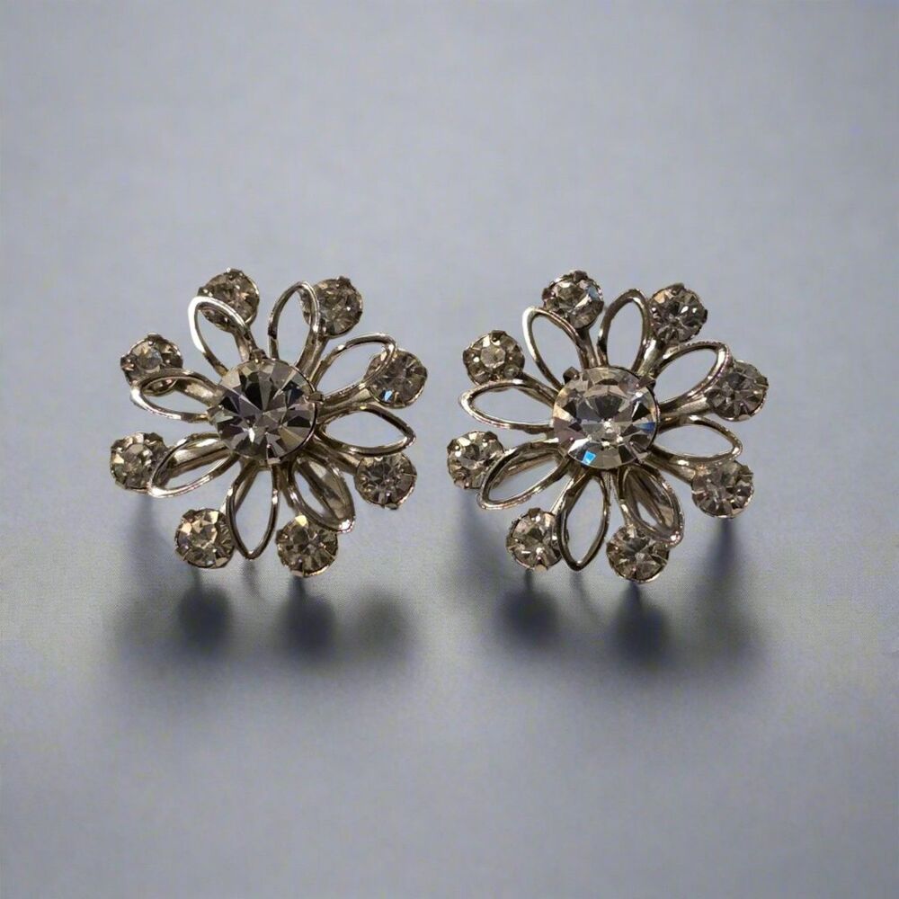 Vintage Silver Tone Rhinestone Screwback Flower Earrings